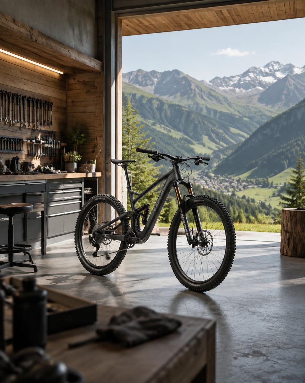 Mountainbike in einer alpinen Werkstatt